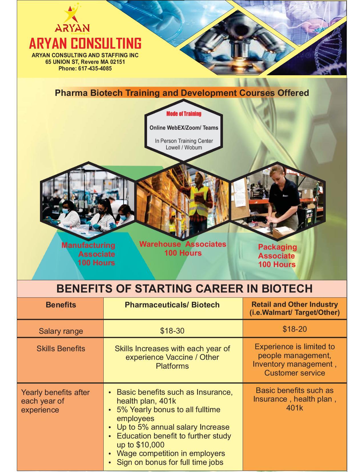 Training tracks pamphlet page for manufacturing, warehouse, and packaging roles